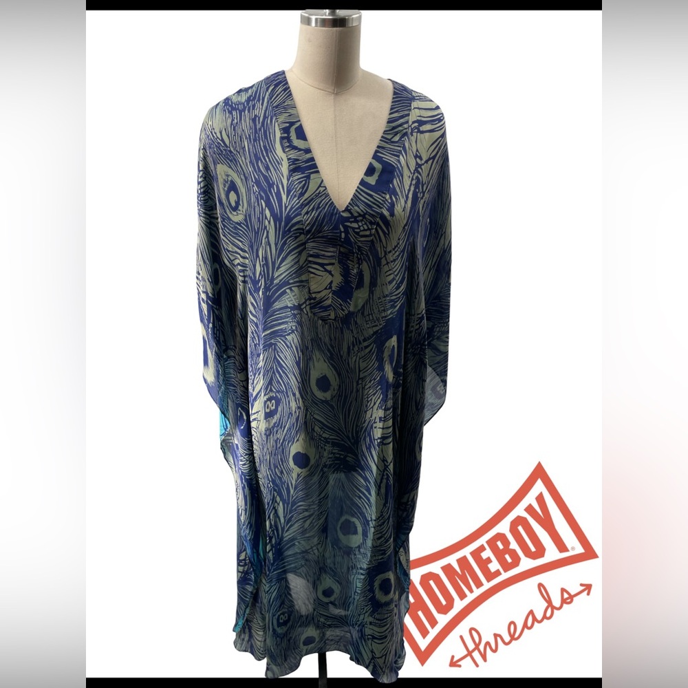 Ocean+main Elegant kaftan blue and silver peacock design.